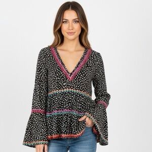 Savanna Jane Black Polka Dot boho Blouse with Pink and Blue Trim size small